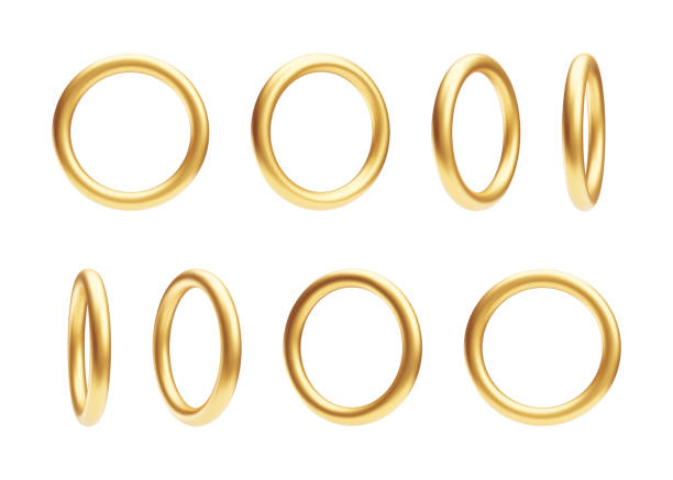 Set of 3d gold shiny rings, decorative design elements, golden jewelry. Round metal sparkling frames, three dimensional metallic objects realistic vector illustration on white background
