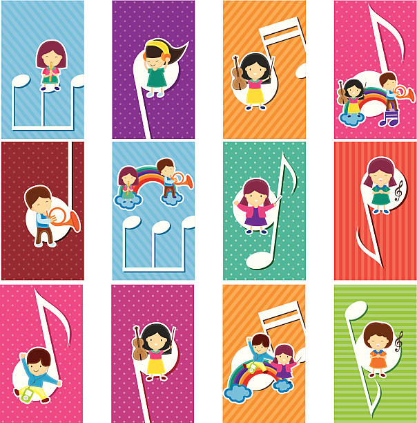 ilustraciones, imágenes clip art, dibujos animados e iconos de stock de niños felices con notas de la música - musical theater child violin musical instrument