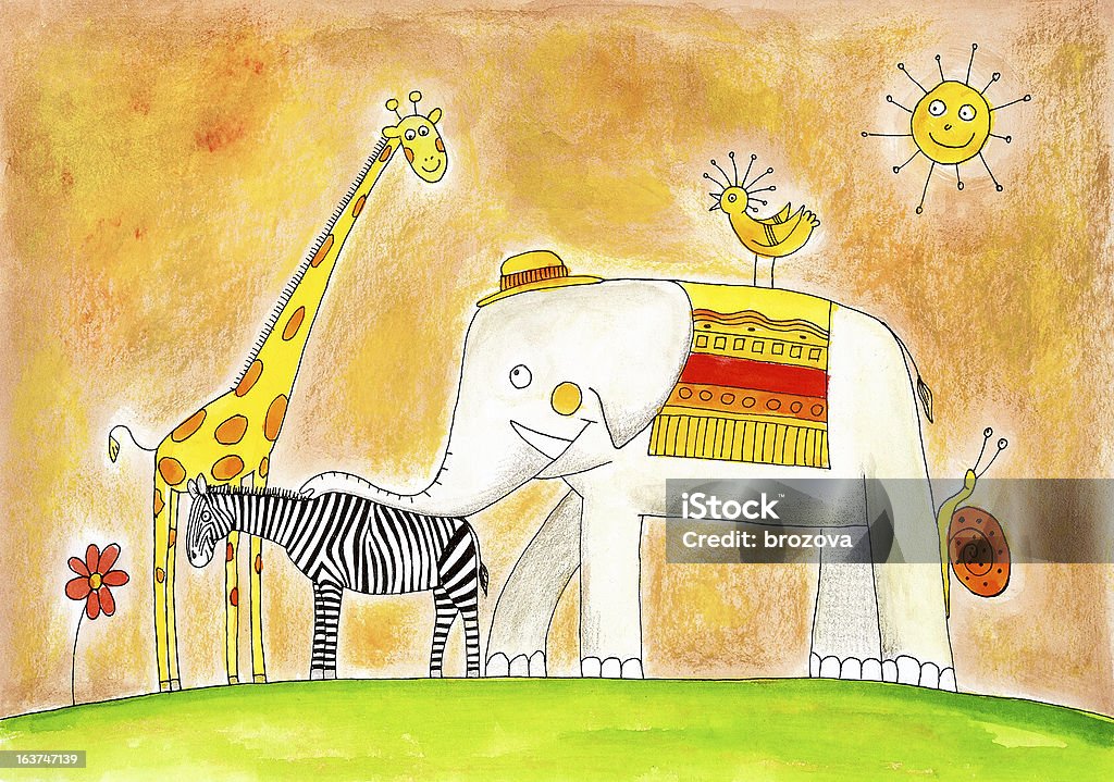 Группа животных, Детский рисунок, акварель на бумаге живопись - Стоковые иллюстрации Слон - Толстокожие животные роялти-фри