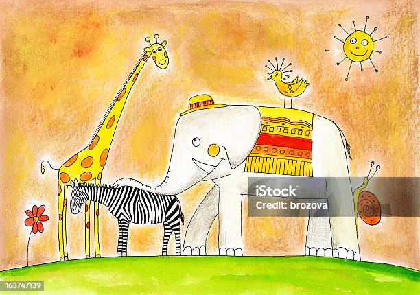 Группа Животных Детский Рисунок Акварель На Бумаге Живопись — стоковая векторная графика и другие изображения на тему Слон - Толстокожие животные