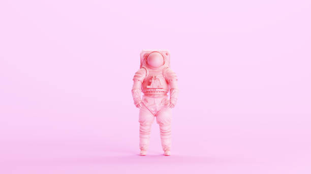 istock Pink spaceman astronaut cosmonaut space walk suit helmet retro kitsch pink background front view 1637476601