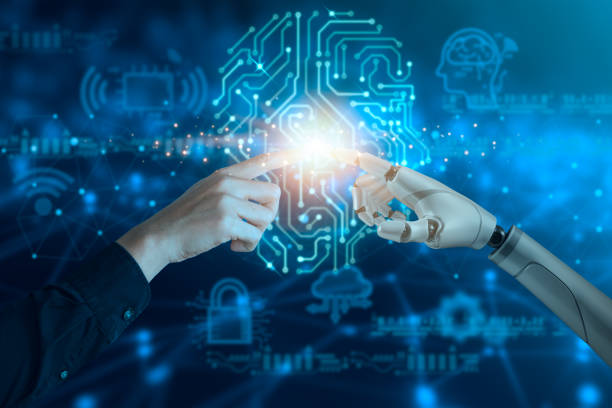 istock Business man hand and robot hand pointing digital screen of AI icon artificial intelligence.big data, technology, futuristic concept 1637483202