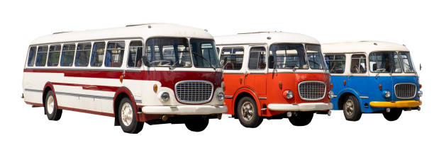 istock Old bus isolated on white background. Bright multi-colored retro transport three buses 1637486496