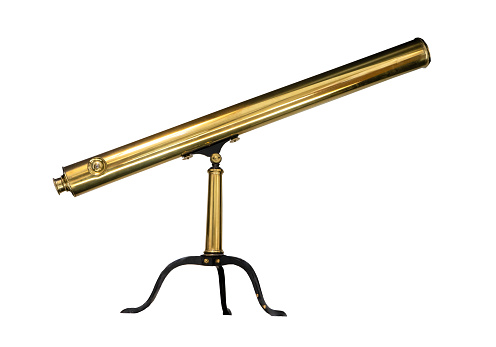 Golden telescope isolated on white background. Old spyglass cutout clipping path.