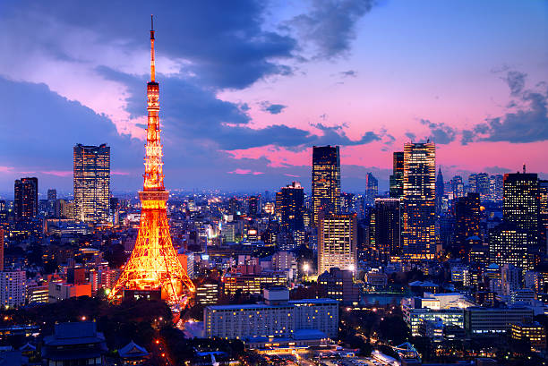 도쿄 타워 - tokyo prefecture night tokyo tower skyline 뉴스 사진 이미지