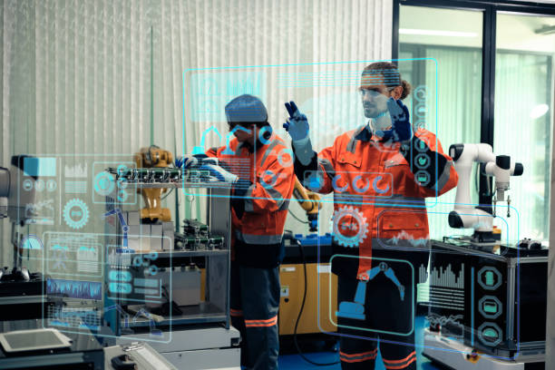 istock Multiracial tachnicial engineer training with robot arm 1637501581