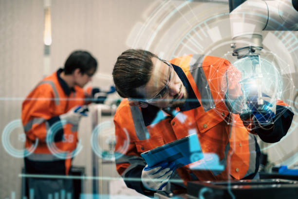istock Multiracial tachnicial engineer training with robot arm 1637503189