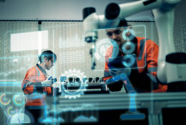 istock Multiracial tachnicial engineer training with robot arm 1637503262