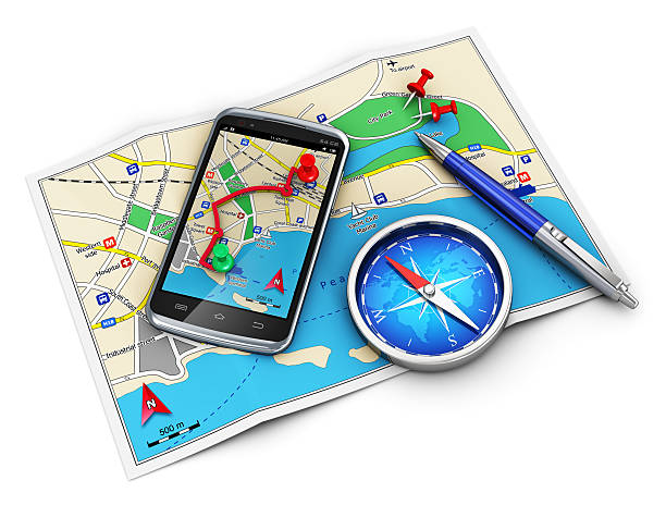 gps de navegação, viagens e turismo conceito - map global positioning system cartography city map imagens e fotografias de stock