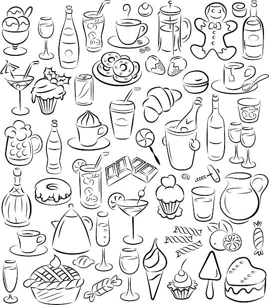 달콤한 간식 및 음료 - chocolate nobody water tea stock illustrations