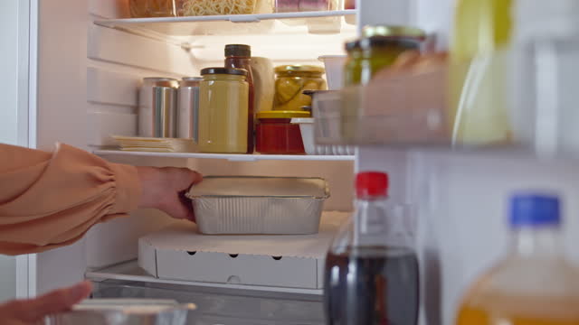 LD Female hands placing two frozen lasagnas into the fridge