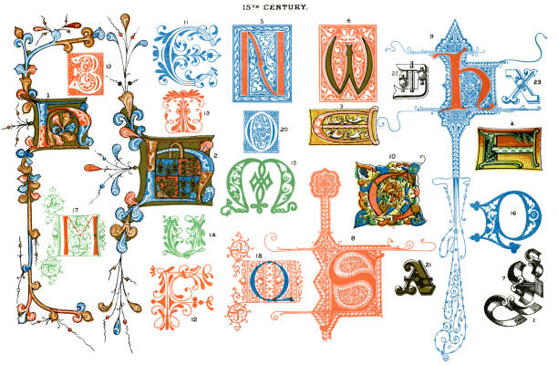 ilustraciones, imágenes clip art, dibujos animados e iconos de stock de letras medieval iluminada - text ornate pattern medieval illuminated letter