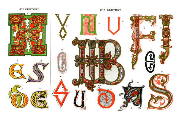 Medieval Illuminated Letters Vintage lithograph from 1860 of examples of Medieval Illuminated Letters from, the 8th and 9th Century period antique illustration of ornate letter f stock illustrations