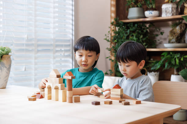 istock Two asian little boys playing with building blocks at home 1637523837