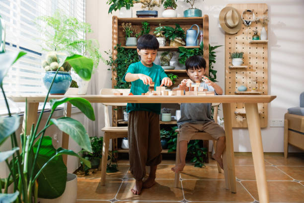 istock Two little boys playing with building blocks at home 1637524078