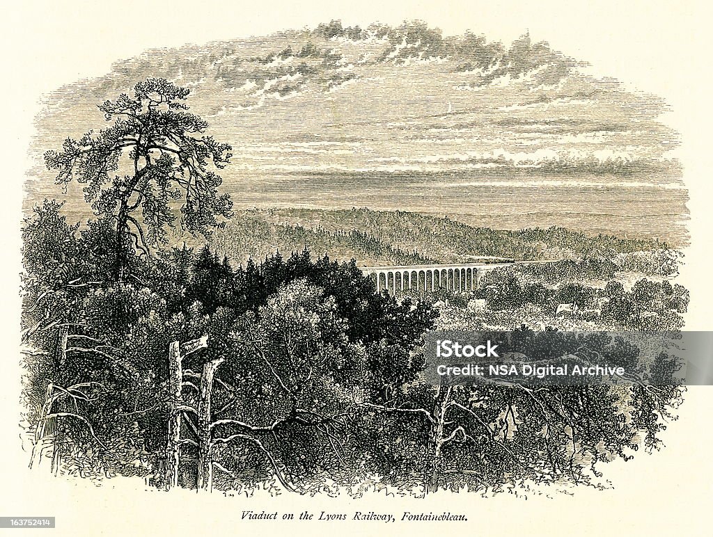 Viaduct on Lyon Railway, Fontainebleau, France Viaduct on Lyon Railway, situated in Fontainebleau, France. Published in Picturesque Europe, Vol. III (Cassell & Company, Limited, 1875). Paris - France stock illustration