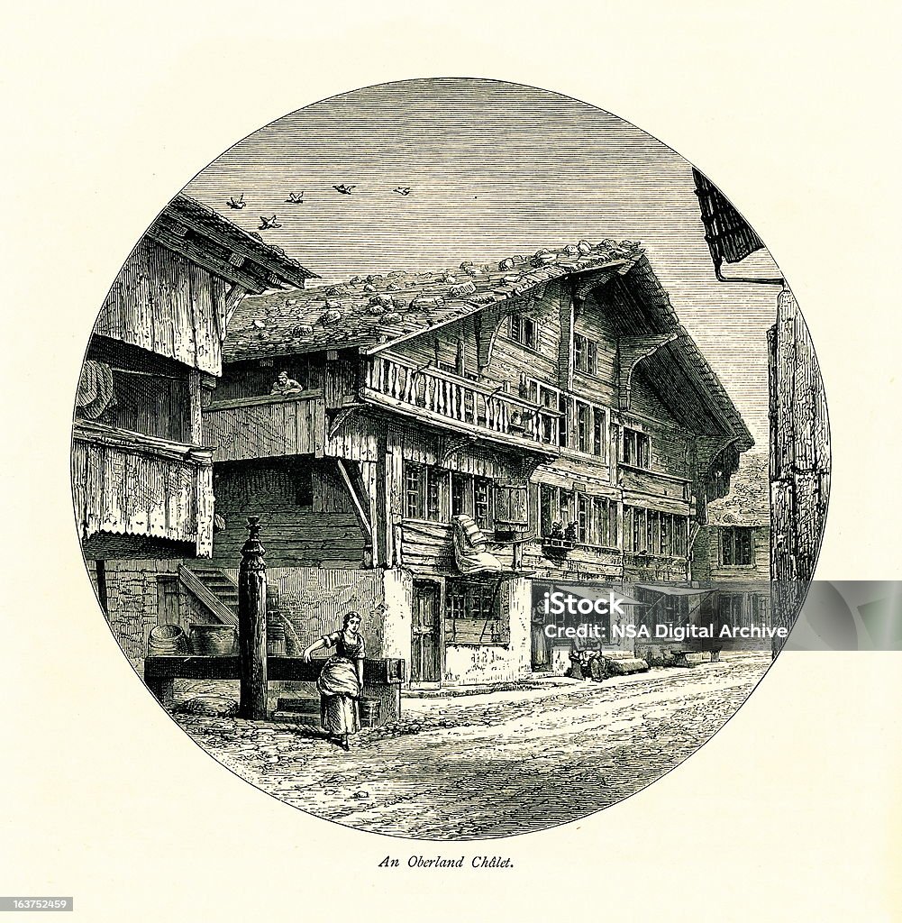 Оберланд chalet, Швейцария, я античный Европейский иллюстрации - Стоковые иллюстрации Шале роялти-фри