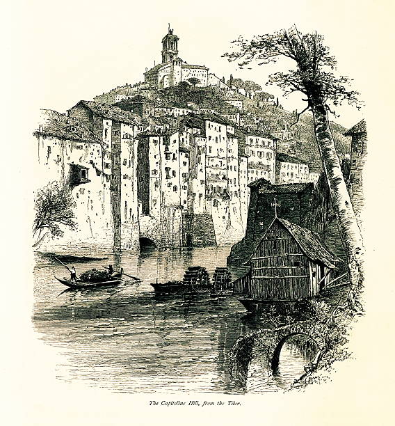 Capitoline Hill, Rome, Italy I Antique European Illustrations The Capitoline Hill, one of the seven hills of Rome, viewed from the Tiber River, Italy. Published in Picturesque Europe, Vol. III (Cassell & Company, Limited, 1875). capitoline hill stock illustrations