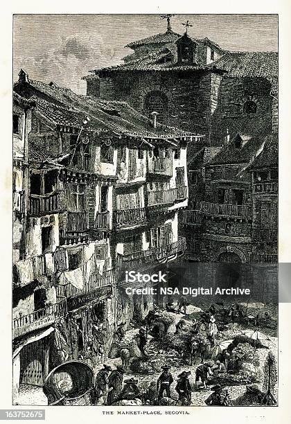 Market Place At Segovia Spain I Antique European Illustrations Stock Illustration - Download Image Now