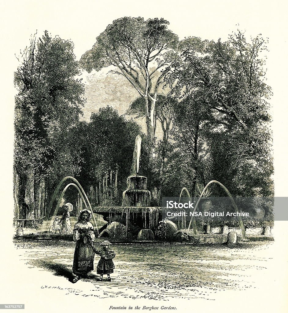 Fonte da Villa Borghese gardens em Roma, Itália, entalhes de madeira - Ilustração de Império royalty-free