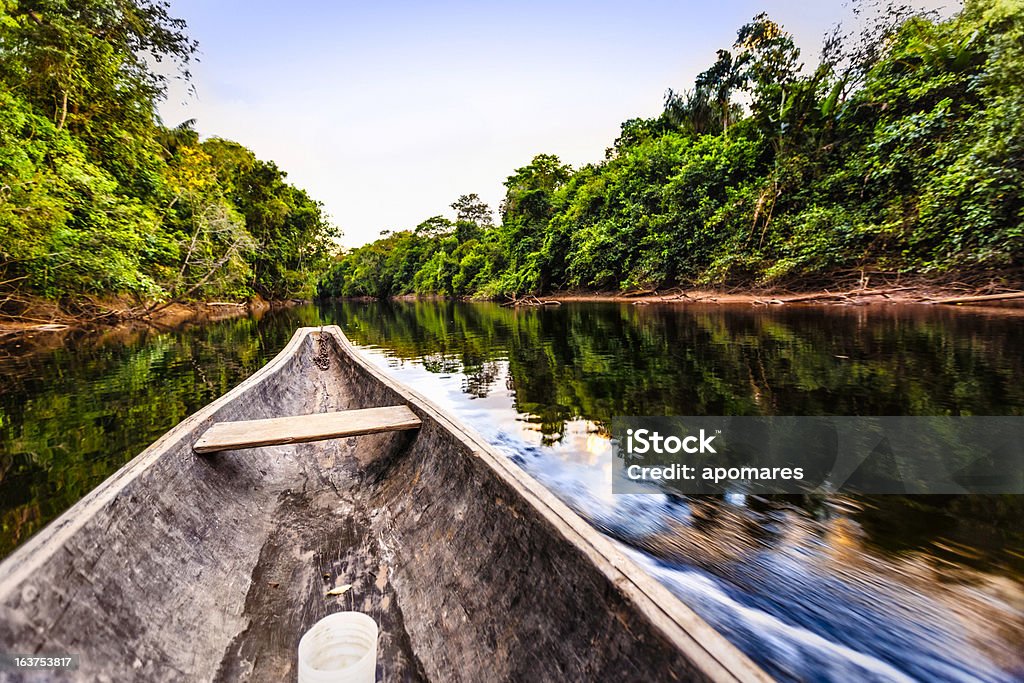 Sailing on Indigenous wooden canoe in the Amazon state Venezuela Sailing on Indigenous wooden canoe on a river in the Amazon state Venezuela Amazon Region Stock Photo