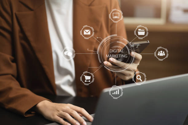 istock Digital marketing technology concept, Business women use smartphone connection technology and digital marketing 1637540539