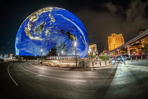 Las Vegas, Nevada, the USA, 25 August 2023: MSG Sphere is light up in Las Vegas, Nevada. It will be opened in end of September. Exosphere is new building in Las Vegas what attracts tourists.