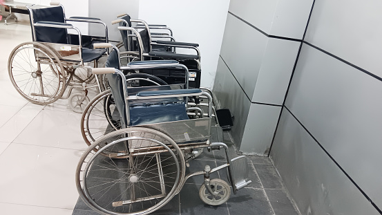 Many empty wheelchairs have been set up at the hospital