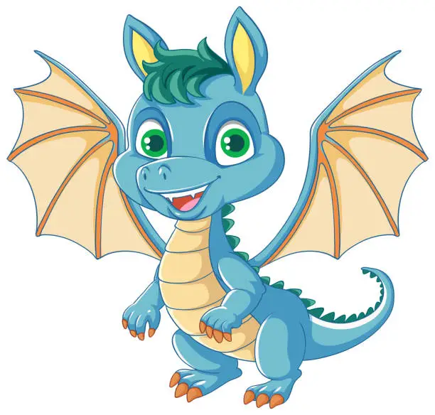 Vector illustration of Happy blue cartoon dragon smiling