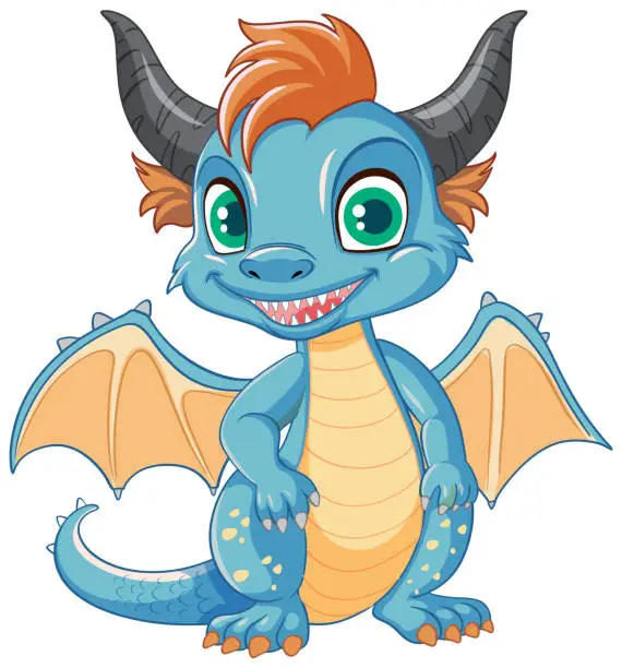 Vector illustration of Happy blue cartoon dragon smiling