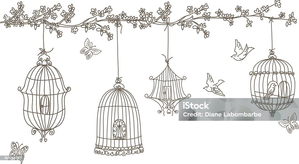 Scribbled Birds and Birdcages Hanging from Cherry Blossom Tree Branch Scribbled Birds and Birdcages.  Scribbled style line art birds and four birdcages hanging from a cherry blossom tree branch.  Each cage is unique and various sizes.  There are butterflies and birds flying around the birdcages. Butterfly - Insect stock vector