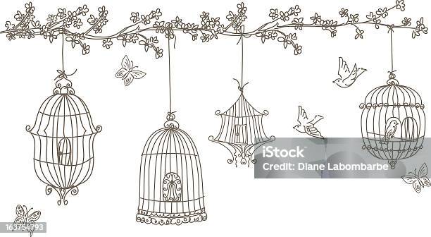 Scribbled Birds And Birdcages Hanging From Cherry Blossom Tree Branch Stock Illustration - Download Image Now