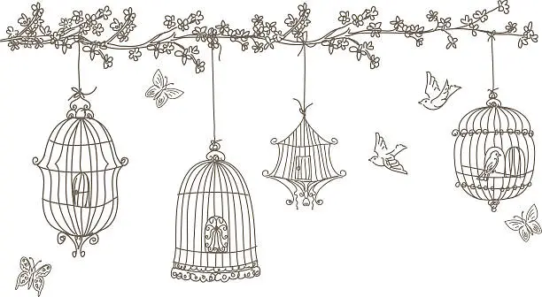 Vector illustration of Scribbled Birds and Birdcages Hanging from Cherry Blossom Tree Branch