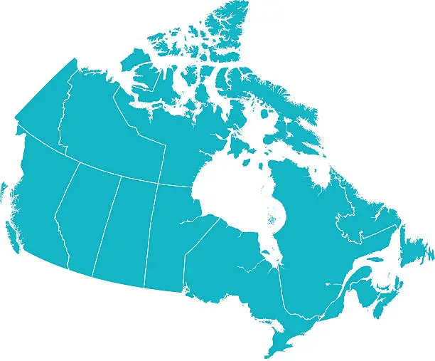 Vector illustration of Detailed Vector Map of Canada with Provincial Borders in White.