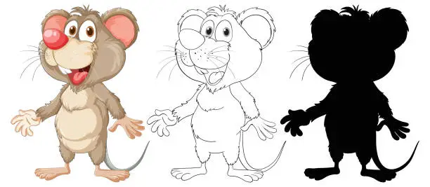 Vector illustration of Cute Rat Cartoon Characters: Outline and Silhouette Collection