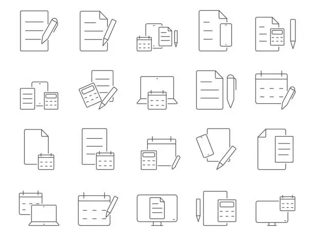 Vector illustration of Office and Workspace Icons Set. Office Supplies, Calendar, Calculator. Editable Stroke. Simple Icons Vector Collection