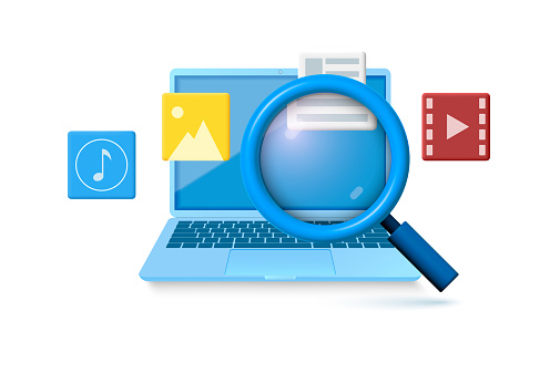 Search video images and documents using a magnifier on a laptop. Vector realistic 3d illustration.