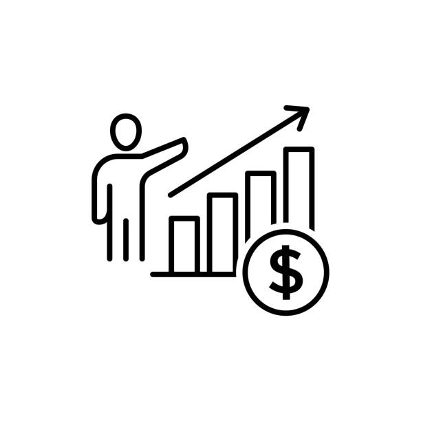 매출 성장 라인 아이콘, 경제 그래프의 벡터 그림, 이익 증가. 금융 개발을위한 판매 보��고서 스트로크 기호와 사업가 - recovery finance business line graph stock illustrations