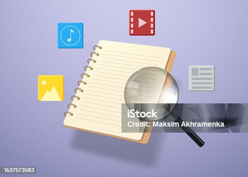 istock Magnifier, laptop and documents and multimedia files. 1637573583