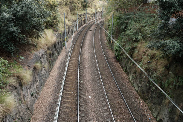 istock Section of double train tracks going round a bend 1637579081