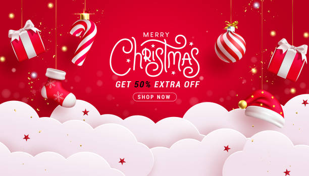 merry christmas text sale vector banner design. christmas sale promo discount offer with paper cut clouds and hanging xmas elements - merry christmas stock illustrations