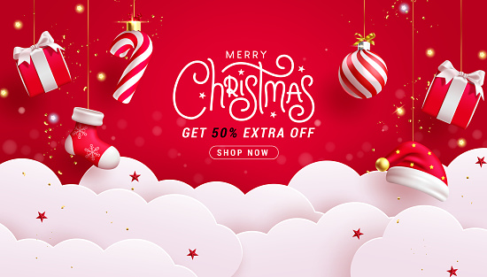 Merry christmas text sale vector banner design. Christmas sale promo discount offer with paper cut clouds and hanging xmas elements in red background. Vector illustration seasonal shopping promo.