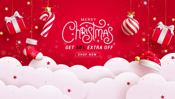 Vector illustration of Merry christmas text sale vector banner design. Christmas sale promo discount offer with paper cut clouds and hanging xmas elements