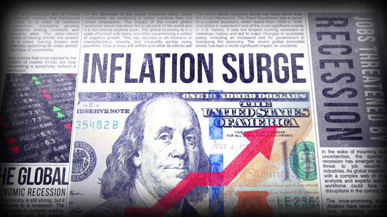 Inflation surge, recession fears, inflation, stock market crash, interest rates, economy, unemployment and rising prices daily newspaper report printing.