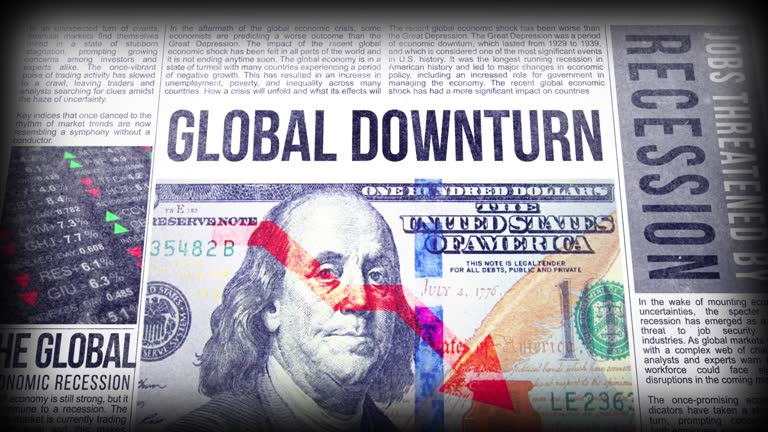 Global downturn, recession fears, inflation, stock market crash, interest rates, economy, unemployment and rising prices daily newspaper report printing.