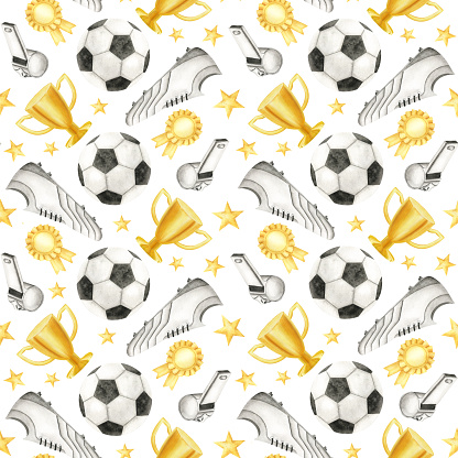 Soccer ball, football cleats, golden cup, medal and whistle. Seamless pattern. Watercolor illustration. Isolated. Sports equipment. For football club, sporting goods stores, poster and postcard design