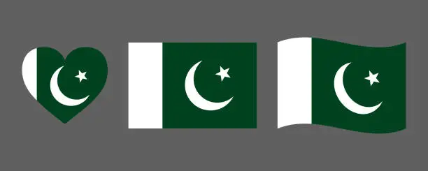 Vector illustration of Pakistan flag signs set. Pakistani heart shape. Independence Day of Pakistan. National symbols for Pakistani holidays.