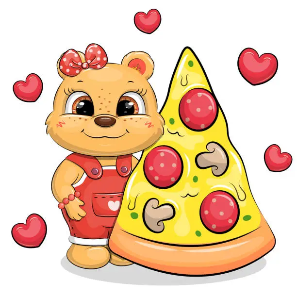 Vector illustration of Cute cartoon bear girl with a big piece of pizza.