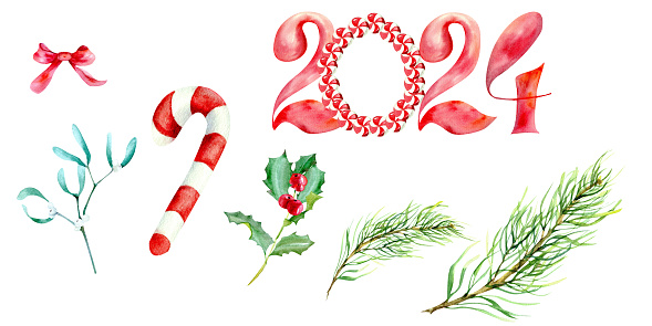 New year abd christmas set. Watercolor 2024 cartoon text, red ribbon, candy cane, traditional holly, mistletoe, and pine tree brench isolated