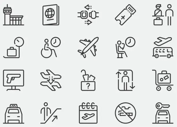 Vector illustration of Airport, Transportation, airplane, business jet, airport, commercial aviation, travel air, airline, Takeoff, online booking, person with disability, Americans with Disabilities Act (ADA). Line Icons